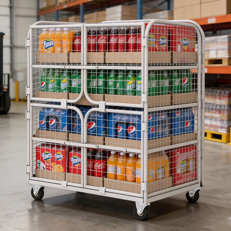 beverage distribution cage, FMCG roll container, wholesale replenishment trolley, beverage crate trolley, supermarket stock cage, industrial multi-tier cage, 1100x800 roll cage, retail distribution cart, heavy-duty grocery trolley, warehouse roll pal