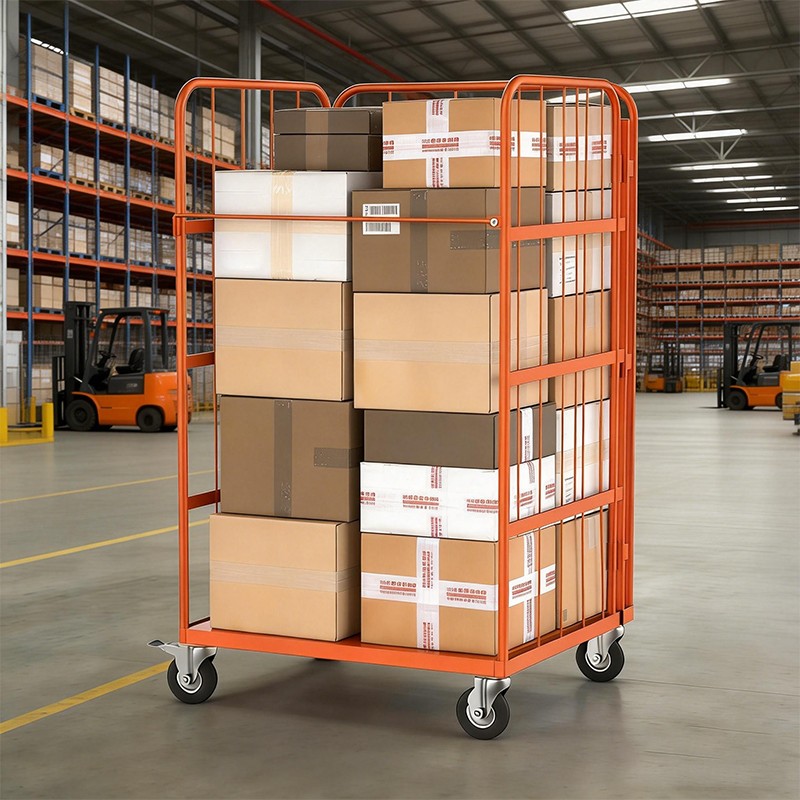 Orange Logistics Roll Cage, Last-Mile Delivery Trolley, Foldable Warehouse Container, High-Visibility Cargo Cage, B2B Logistics Equipment, Parcel Sorting Trolley, Industrial Steel Cage, Nestable Roll Cage