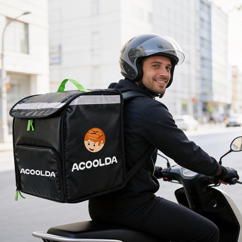 top-loading delivery backpack, black thermal food carrier, vertical loading meal bag, professional courier gear, wholesale delivery equipment, 69L insulated backpack, waterproof takeout bag, fleet delivery solutions.