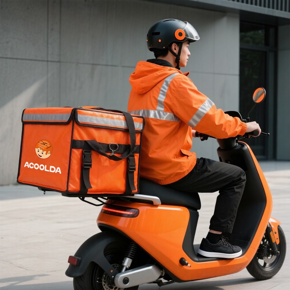 scooter delivery trunk, motorcycle tail box, rear rack delivery carrier, insulated food cargo box, wholesale scooter delivery bag, fleet rear mount trunk, custom branded takeaway box, restaurant logistics container