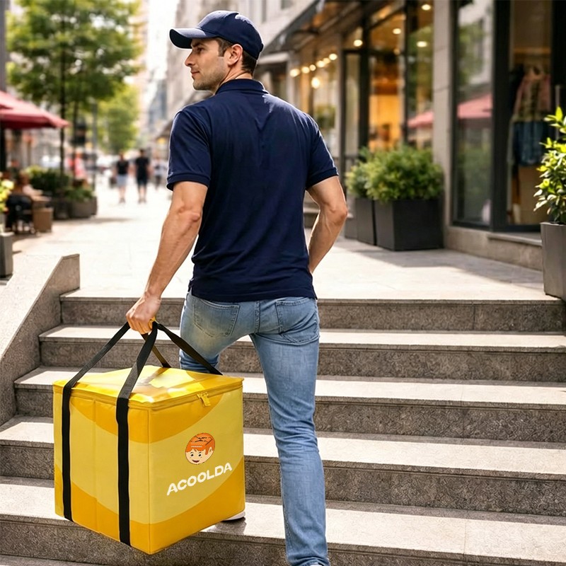 60L insulated delivery tote bag, yellow delivery tote bag, insulated food delivery tote, hand carry delivery bag, restaurant delivery tote bag, pizza delivery tote bag, catering delivery bag, thermal food delivery bag, insulated takeaway tote bag, fo