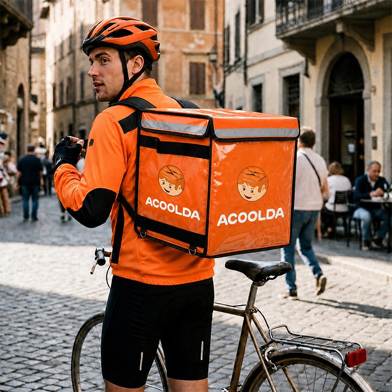 structured food delivery backpack, 64L insulated delivery backpack, ACD-B-048 delivery bag, 1680D food delivery bag, insulated food delivery backpack, orange delivery backpack, restaurant delivery bag, takeaway courier backpack, framed food delivery