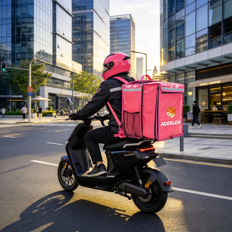 hot pink food delivery backpack, 84L insulated courier bag, pink restaurant delivery backpack, branded fleet delivery bag, food delivery bag with shelf, side mesh pocket delivery bag, 500D PVC pink courier backpack, wide food delivery backpack, refle